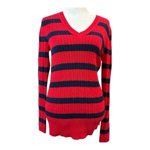 Tommy Hilfiger Medium Red Navy Striped Cable Knit Sweater - Classic V-Neck